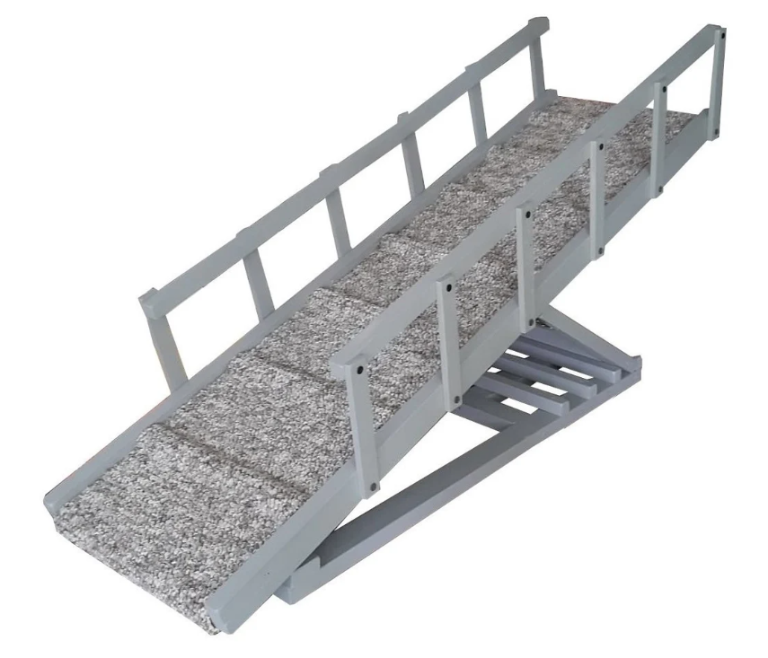 Bedside dog ramp with side rails and carpet – premium handmade wood, trusted by dog owners across Europe and the UK