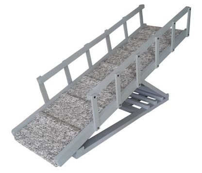Bedside dog ramp with side rails and carpet – premium handmade wood, trusted by dog owners across Europe and the UK