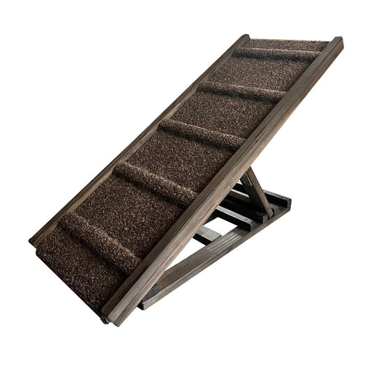 A pet ramp with a soft carpeted surface and built-in steps, designed for pets to climb up and down.