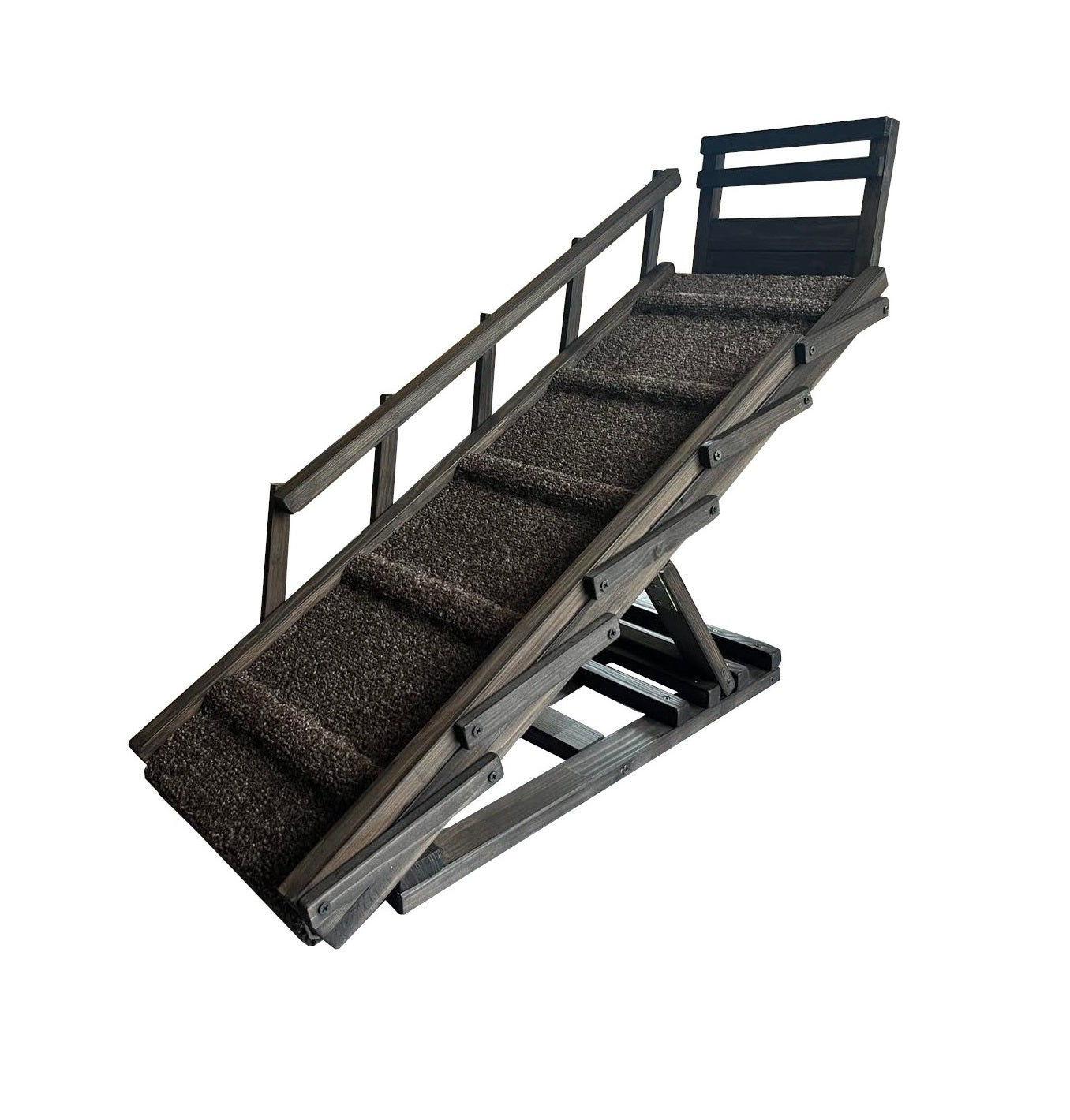 A pet ramp with front and side rails, featuring a thick, soft carpet on the steps and foldable rails.