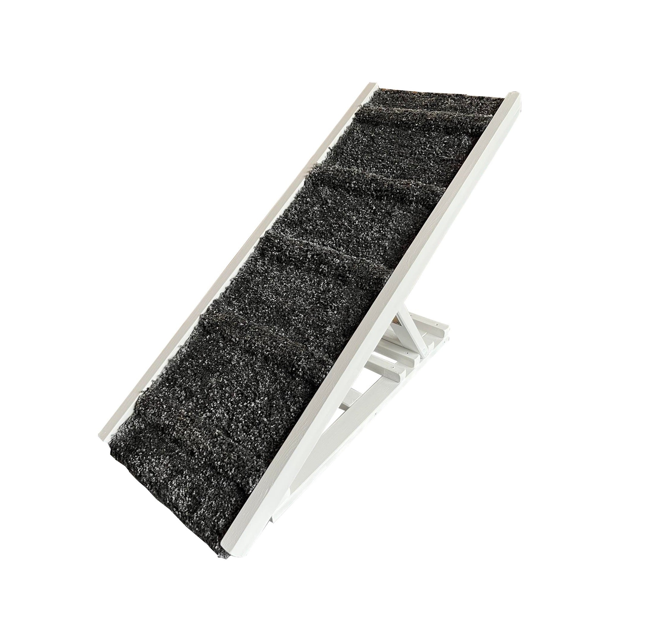 White pet ramp with dark carpet. Built-in dog steps help your dog climb it easily.