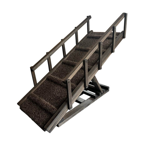 Pet ramp with side rails featuring a thick, soft carpet on the steps, and a wooden frame.